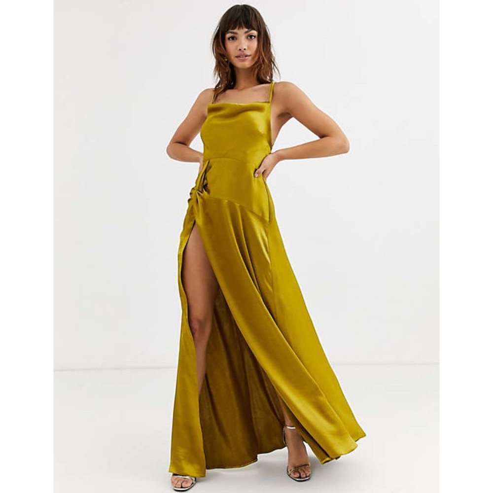 ASOS: Gold Thigh-High Slit. Cowl Strappy Maxi Gown